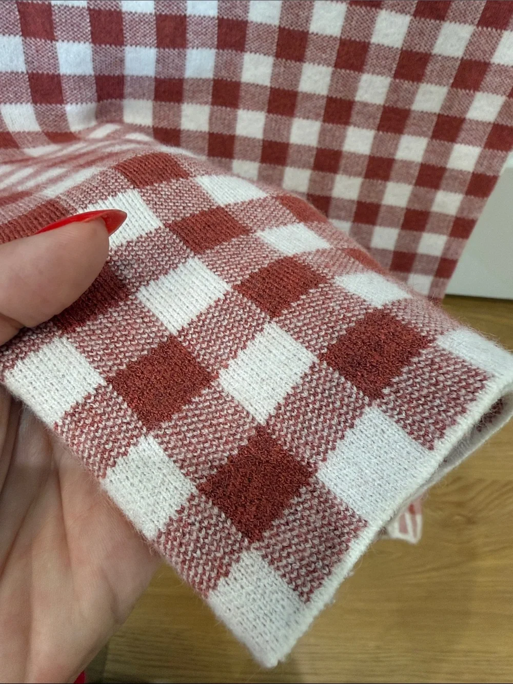 English Factory Cream and Rust Red Gingham Knit Pencil Skirt